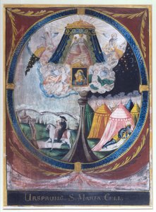 1157年に聖母マリアの奇跡の木像をマリアツェルに持ち込んだマグヌス修道士と、眠っている騎士に聖母が現れた様子を描いたもの（紙に水彩画） 作： Austrian School