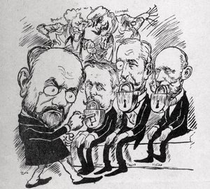 エミール・ゾラは、ジャン・カシミール・ペリエ（1847-1907）、フェリックス・フォール（1841-1899）、ジュール・メリーヌ（1838-1925）の3人の大統領の口を塞ぐ鍵を開けようとしているが、その背後では、アンリ・ロシュフォール（1831-1913）がコムに 作： Austrian School