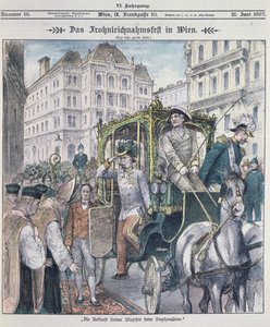1897年にコーパスクリスティ（フロンライヒナム）の饗宴を祝うためにウィーンの聖シュテファン大聖堂に到着したオーストリアのフランツヨーゼフ皇帝。 作： Austrian School