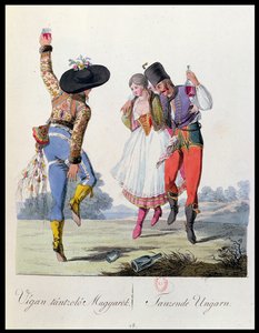 1810年にウィーンで出版されたJH de Bikkesy著の本「Costumes de Pannonie」からの伝統的な衣装を着たハンガリーのダンサー（カラー彫刻） 作： Austrian School