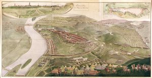 ブダの捕獲を描いた地図、1686（カラー彫刻）
