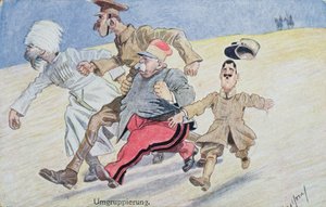 再編、ロシア、イギリス、フランス、イタリアがオーストリアとドイツの地平線前に逃げる、第一次世界大戦のはがき 作： Austrian School
