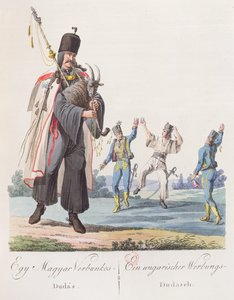 1810年にウィーンで出版されたコスチュームドオングリの本のイラストから募集ダンスを行うハンガリー連隊の兵士 作： Austrian School