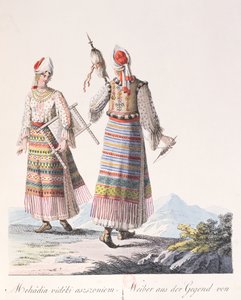 メハディア地方の伝統的な衣装を着た女性たち、JH de Bikkesy著「Courments de Hongrie」の本のイラスト、1810年（カラー彫刻） 作： Austrian School