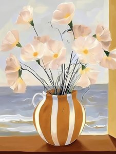 海岸沿いの窓に咲く花々