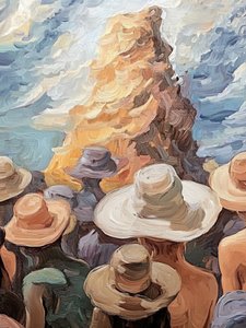 帽子たちがそびえ立つ岩を見つめる 作： 