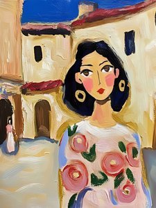 花柄の服を着た町の女性 作： 