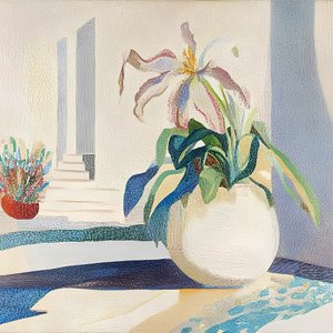 鉢植えのユリと階段