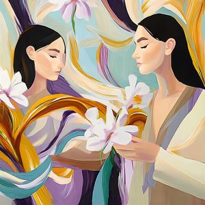 花を手にした穏やかな女性たち 作： 