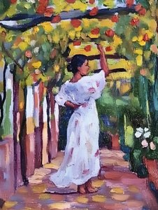 夏の庭の女性
