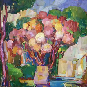 鮮やかな花の静物画 作： 