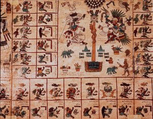 アステカの神々と暦に対応する箱を表現したもの。15世紀後半、メキシコ中央部のプレコロムビアの土着写本「ボルボニカス写本」の樹皮に描かれたアステカの写本のページ。国民議会図書館（パレ・ブルボン）。 作： Aztec