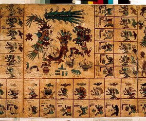 アステカの神々と暦に対応する箱を表現したもの。15世紀後半、メキシコ中央部のプレコロムビアの土着写本「ボルボニカス写本」の樹皮に描かれたアステカの写本のページ。国民議会図書館（パレ・ブルボン）。 作： Aztec