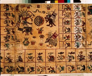 アステカの神々と暦に対応する箱を表現したもの。15世紀後半、メキシコ中央部のプレコロムビアの土着写本「ボルボニカス写本」の樹皮に描かれたアステカの写本のページ。国民議会図書館（パレ・ブルボン）。 作： Aztec