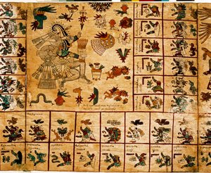 アステカの神々と暦に対応する箱を表現したもの。15世紀後半、メキシコ中央部のプレコロムビアの土着写本「ボルボニカス写本」の樹皮に描かれたアステカの写本のページ。国民議会図書館（パレ・ブルボン）。 作： Aztec
