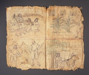 Techialoyan Codex、コヨーテペックCoyonazco、メキシコ（顔料と紙にインク） 作： Aztec