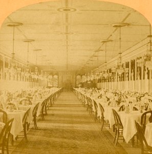 ダイニングホール、グランドユニオンホテル、サラトガ、世界最大のダイニングホール、1882年。 作： B. W. Kilburn