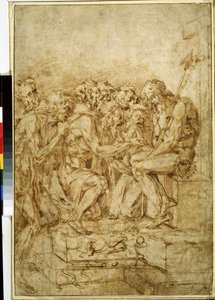「7人の人物に囲まれた情熱の象徴を持つキリスト」（7人の人物が出席する情熱の象徴を持つキリスト）バッチョ・バンディネッリ（1493-1560）による茶色のインクで描く16世紀プーシキン美術館モスクワ