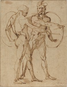 2つの男性ヌード、c.1520（簀の紙にペンと茶色のインク） 作： Baccio Bandinelli