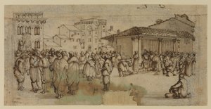 フィレンツェの市場広場、人物像 (チョーク、ペン、インク、ウォッシュ オン ペーパー) 作： Baccio del Bianco