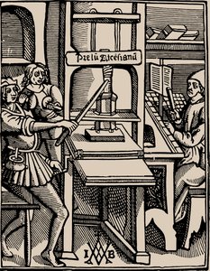 Prelum Ascensianum: 印刷機が作動しているプリンターの装置、1508年。 作： Badius
