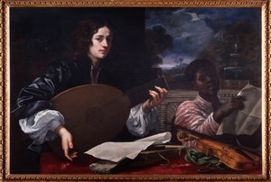 バルダッサーレフランチェスキーニディットヴォルテラーノによる黒人歌手の絵画とリュート奏者の肖像 作： Baldassare Franceschini