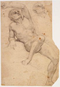 岩に鎖でつながれた座っている男性モデルと彼の頭の研究 作： Baldassare Franceschini
