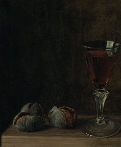 テーブルにクルミとワインのグラス 作： Balthasar Denner