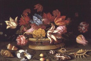 花のバスケットと貝のある台座（油彩パネル） 作： Balthasar van der Ast