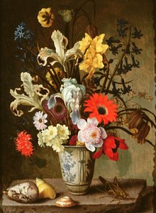 ビーカー、バッタ、貝殻を使ったフローラル・スタディ（パネルに油彩 作： Balthasar van der Ast