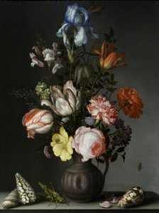 花瓶の花と貝と昆虫 1630年頃 オーク材に油彩 作： Balthasar van der Ast
