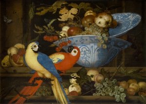果物のある静物と 2 つのオウム 作： Balthasar van der Ast
