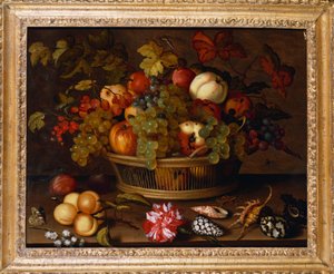 ブドウ、リンゴ、桃、プラム、スズランのバスケット 作： Balthasar van der Ast