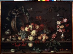 「果物、花、オウムのある静物」（「果物、貝殻、昆虫のある静物」とも呼ばれる） バルタザール・ファン・デル・アスト（1593/4-1657）作 1620年頃 Dim. 75x104 cm Ermi Museum 作： Balthasar van der Ast