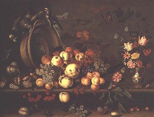 果実、花、オウムのある静物画 1620年代前半（パネル） 作： Balthasar van der Ast