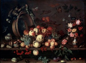 果物、花、オウムのある静物、1620年代 作： Balthasar van der Ast