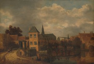 Eendjespoort を示す Spaarne 川から撮影したハールレムの町の眺め