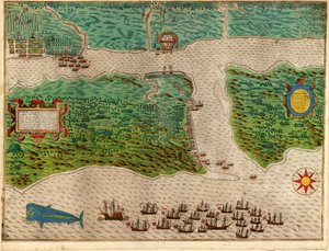ドレイクスウエストインディアンヴォヤージュのアウグスティヌス1585-86、パブ。 1589（手描きの彫刻）