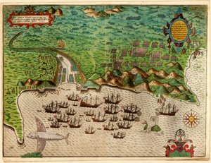ドレークの西インド航海（1585-86年）からのサンティアゴ。1589年（手彩色彫刻