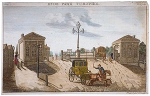 ハイド パーク コーナー ターンパイク、ウェストミンスター、ロンドン、1792 年の眺め。 作： Barak Longmate Jr