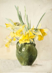 花瓶の黄色い花の花束 (織紙に水彩) 作： Barbara Leigh Smith Bodichon