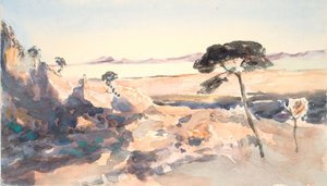 風景：ピンク色の山の木（水彩画、グラファイト、織り紙） 作： Barbara Leigh Smith Bodichon