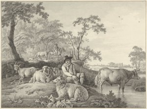 風景の中の羊、ヤギ、若い雄牛と一緒に羊飼い 作： Barend Hendrik Thier