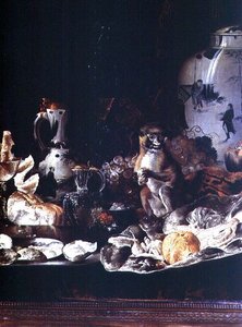 サルと中国の磁器のエキゾチックな静物 作： Barend or Bernardus van der Meer