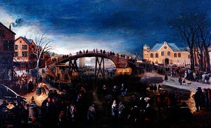スケートをする人と遊ぶ人のいる冬の風景」1640-50年頃（パネルに油彩） 作： Barent (follower of) Avercamp