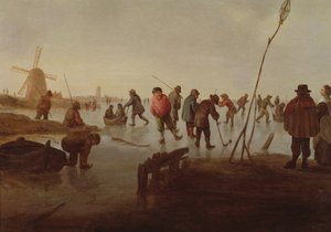 凍った水路でスケートをするフィギュア、17世紀 作： Barent Avercamp