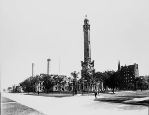 シカゴ・ウォーター・タワー（米国イリノイ州シカゴ、1900年頃）（モノクロ写真