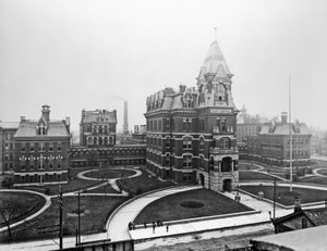 Cook County Hospital, c.1900, 米国イリノイ州シカゴ, c.1900 (白黒写真) 作： Barnes and Crosby