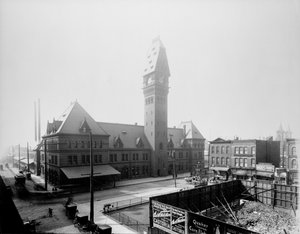 アメリカ・イリノイ州シカゴ、ディアボーン駅、1883年頃（モノクロ写真 作： Barnes and Crosby