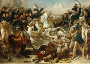 エジプトのキャンペーン（遠征）（1798〜1801年）。ピラミッドの戦いの前に軍を鼓舞するナポレオン・ボナパルト（7月21日 作： Baron Antoine Jean Gros